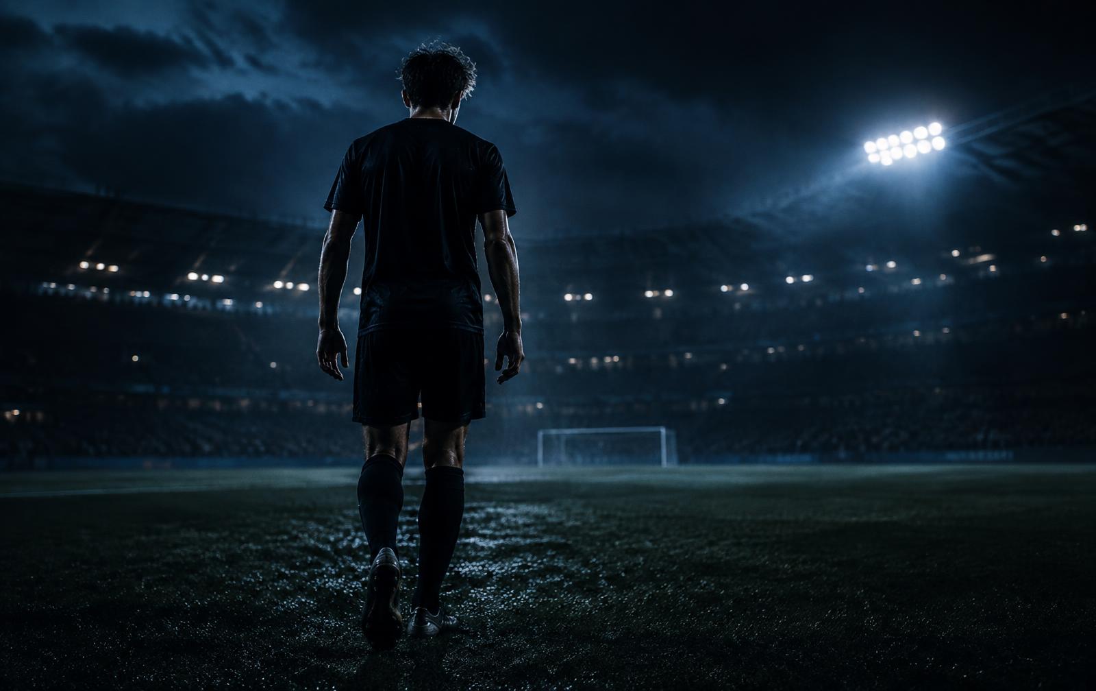 Soccer player walking onto a floodlit pitch